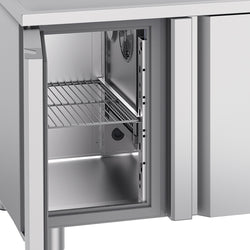 Stół chłodniczy PREMIUM - 1430x700 mm - z 2 drzwiami, 1 zlewem po prawej stronie & panelem tylnym