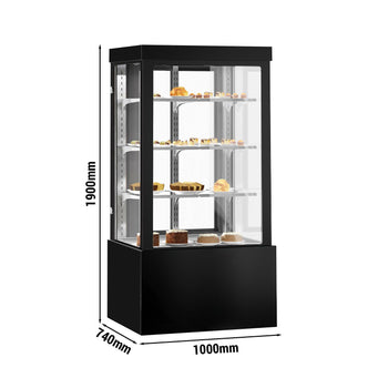 Witryna ekspozycyjna na ciasta - 1000 mm - z oświetleniem LED, 3 półkami & lustrzanym panelem przednim - czarna - Prime Gastro