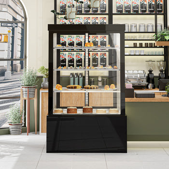 Witryna ekspozycyjna na ciasta - 1200 mm - z oświetleniem LED, 3 półkami & lustrzanym panelem przednim - czarna - Prime Gastro