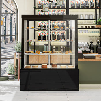 Witryna ekspozycyjna na ciasta - 1500 mm - z oświetleniem LED, 3 półkami & lustrzanym panelem przednim- czarna - Prime Gastro