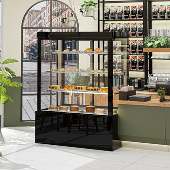 Witryna ekspozycyjna na ciasta - 1500 mm - z oświetleniem LED, 3 półkami & lustrzanym panelem przednim- czarna - Prime Gastro