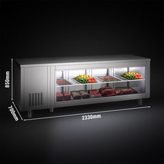 Refrigerated table - 2330x700 mm - 4 doors at the back - with glass front panel