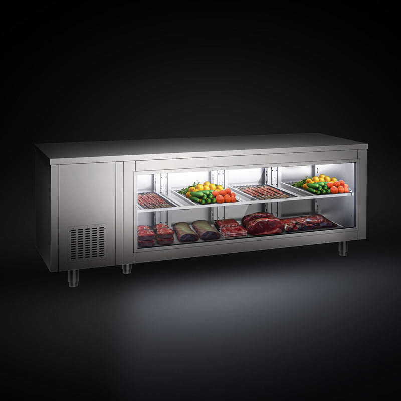 Stół chłodniczy - 2330x700 mm - 4 drzwi z tyłu - ze szklanym panelem przednim
