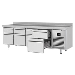 Stół chłodniczy PREMIUM PLUS - 2452x600 mm - 8 szuflad & panel tylny