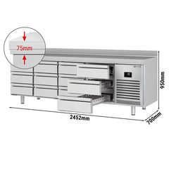 Stół chłodniczy PREMIUM PLUS - 2452x700 mm - 12 szuflad & panel tylny