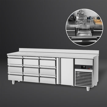 Stół chłodniczy PREMIUM - 2330x700 mm - z 1 drzwiami & 9 szufladami & panelem tylnym - Prime Gastro