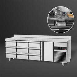 Stół chłodniczy PREMIUM - 2330x700 mm - z 1 drzwiami & 9 szufladami & panelem tylnym