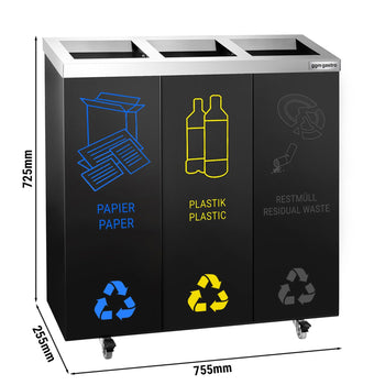 System segregacji odpadów - 3 komory każda po 25 litrów - z 4 kółkami - czarny - Prime Gastro