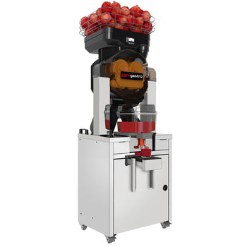 Elektryczna sokowirówka do owoców - z chłodzeniem, automatycznym podawaniem owoców, pojemnikiem na sok i podstawą - czarna - Prime Gastro