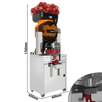 Elektryczna sokowirówka do owoców - z chłodzeniem, automatycznym podawaniem owoców, przechowywaniem soku, trybem czyszczenia i podstawą - pomarańczowa - Prime Gastro