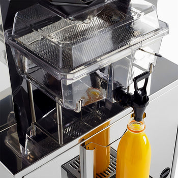 Elektryczna wyciskarka do pomarańczy - z automatycznym podajnikiem owoców, schowkiem na sok & podstawą - czarna - Prime Gastro