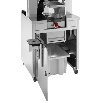 Elektryczna wyciskarka do pomarańczy - z chłodzeniem, automatycznym podawaniem owoców, schowkiem na sok i ramą podstawy - pomarańczowa - Prime Gastro