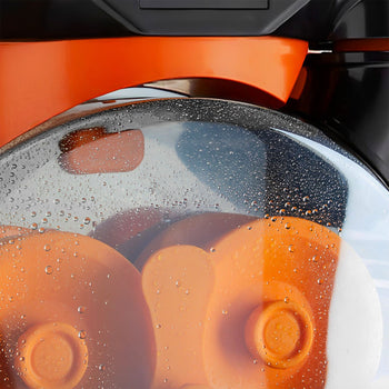 Elektryczna wyciskarka do pomarańczy - z automatycznym podawaniem owoców, funkcją przechowywania soku, trybem czyszczenia i podstawą - pomarańczowa - Prime Gastro