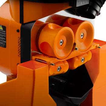 Elektryczna sokowirówka do owoców - z chłodzeniem, automatycznym podawaniem owoców, przechowywaniem soku i podstawą - pomarańczowa - Prime Gastro