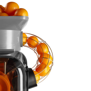 Elektryczna wyciskarka do pomarańczy - srebrna - automatyczne podawanie owoców - włacznie z kranikiem spustowym & trybem czyszczenia - Prime Gastro