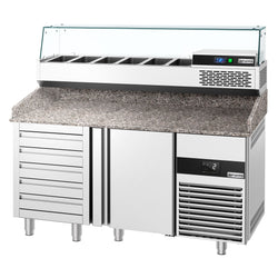 Stół chłodniczy do pizzy PREMIUM - 1550x800 mm - z 1 drzwiami & 7 szufladami - włącznie z witryną chłodniczą nadstawną