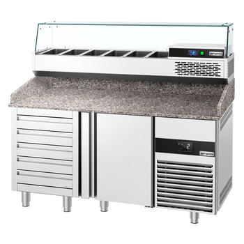 Stół chłodniczy do pizzy PREMIUM - 1550x800 mm - z 1 drzwiami & 7 szufladami - włącznie z witryną chłodniczą nadstawną - Prime Gastro