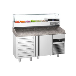 Stół chłodniczy do pizzy PREMIUM - 1550x800 mm - z 1 drzwiami & 7 szufladami - włącznie z witryną chłodniczą nadstawną