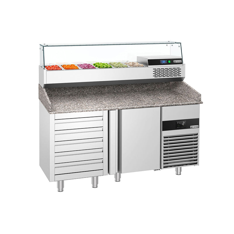 Stół chłodniczy do pizzy PREMIUM - 1550x800 mm - z 1 drzwiami & 7 szufladami - włącznie z witryną chłodniczą nadstawną