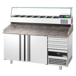 Stół chłodniczy do pizzy PREMIUM - 1600x800mm - z 2 drzwiami i 3 szufladami - włącznie z witryną chłodniczą nadstawną - 6x GN 1/3