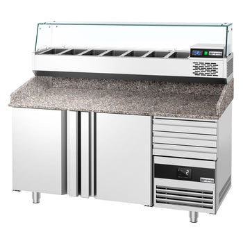 Stół chłodniczy do pizzy PREMIUM - 1600x800mm - z 2 drzwiami i 3 szufladami - włącznie z witryną chłodniczą nadstawną - 6x GN 1/3 - Prime Gastro