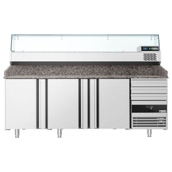 Stół chłodniczy do pizzy PREMIUM - 2150x800mm - z 3 drzwiami & 3 szufladami - włącznie z witryną chłodniczą nadstawną - 10x GN 1/3