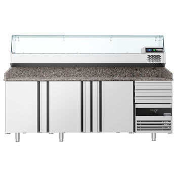 Stół chłodniczy do pizzy PREMIUM - 2150x800mm - z 3 drzwiami & 3 szufladami - włącznie z witryną chłodniczą nadstawną- 10x GN 1/3 - Prime Gastro