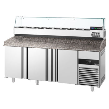 Stół chłodniczy do pizzy PREMIUM - 2100x800mm - z 3 drzwiami - włącznie z witryną chłodniczą nadstawną - 10x GN 1/3 - Prime Gastro