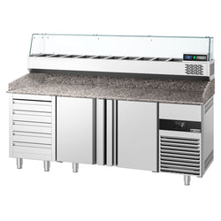 Stół chłodniczy do pizzy PREMIUM - 2100x800mm - z 2 drzwiami & 5 szufladami - włącznie z witryną chłodniczą nadstawną - 10x GN 1/2