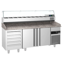 Stół chłodniczy do pizzy PREMIUM - 2100x800mm - z 2 drzwiami & 5 szufladami - włącznie z witryną chłodniczą nadstawną - 10x GN 1/2