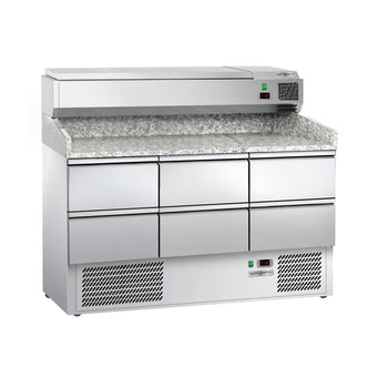 Stół chłodniczy do pizzy ECO - 1400x700mm - z 6 szufladami 1/2 - włącznie z witryną chłodniczą nadtsawną z GN 1/4 - Prime Gastro