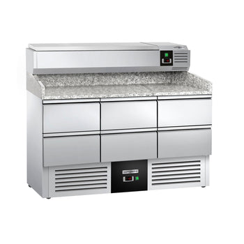 Stół chłodniczy do pizzy PREMIUM - 1400x700mm - z 6 szufladami 1/2 - włącznie z witryną chłodniczą nadstawną GN 1/4 - Prime Gastro