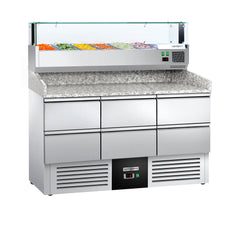 Refrigerated pizza table PREMIUM - 1400x700mm - with 6 drawers 1/2 - including a top refrigerated display case GN 1/4