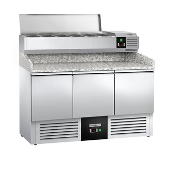 Stół chłodniczy do pizzy PREMIUM - 1400x700mm - 3 drzwi - włącznie z witryną chłodniczą nadstawną - 6x GN 1/4 - Prime Gastro