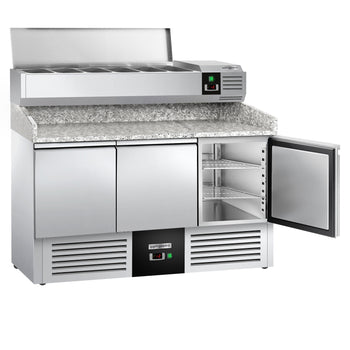 Stół chłodniczy do pizzy PREMIUM - 1400x700mm - 3 drzwi - włącznie z witryną chłodniczą nadstawną - 6x GN 1/4 - Prime Gastro