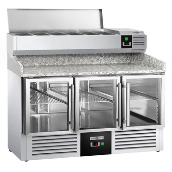 Stół chłodniczy do pizzy PREMIUM - 1400x700mm - 3 szklane drzwi - włącznie z witryną chłodniczą nadstawną - 6x GN 1/4 - Prime Gastro