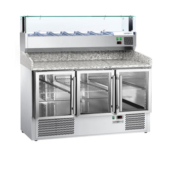 Stół chłodniczy do pizzy PREMIUM - 1400x700mm - 3 szklane drzwi - włącznie z witryną chłodniczą nadstawną - 6x GN 1/4 - Prime Gastro