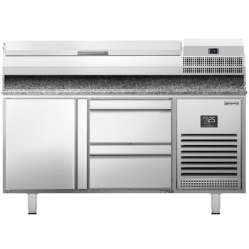 Stół chłodniczy do pizzy PREMIUM PLUS - 1490x700mm - z 1 drzwiami & 2 szufladami - włącznie z witryną chłodniczą nadstawną - 6x GN 1/4 - Prime Gastro