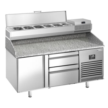Stół chłodniczy do pizzy PREMIUM PLUS - 1490x700mm - z 1 drzwiami & 2 szufladami - włącznie z witryną chłodniczą nadstawną - 6x GN 1/4 - Prime Gastro