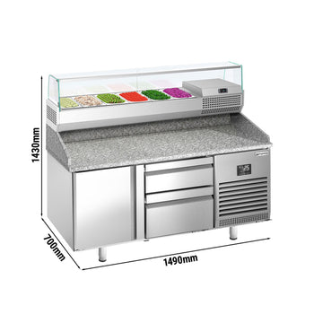 Stół chłodniczy do pizzy PREMIUM PLUS - 1490x700mm - z 1 drzwiami & 2 szufladami - włącznie z witryną chłodniczą nadstawną - 6x GN 1/4 - Prime Gastro