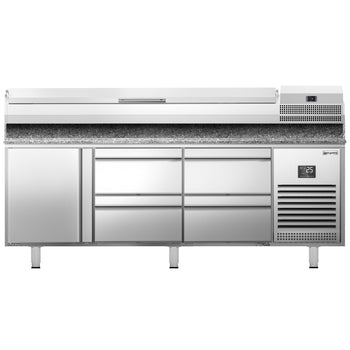 Stół chłodniczy do pizzy PREMIUM PLUS - 1980x700mm - z 1 drzwiami & 4 szufladami - włącznie z witryną chłodniczą nadstawną - 9x GN 1/4 - Prime Gastro