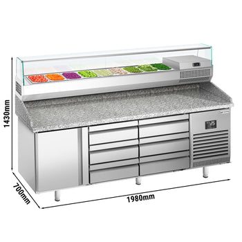 Stół chłodniczy do pizzy PREMIUM PLUS - 1980x700mm - z 1 drzwiami i 6 szufladami - włącznie z witryną chłodniczą nadstawną - 9x GN 1/4 - Prime Gastro