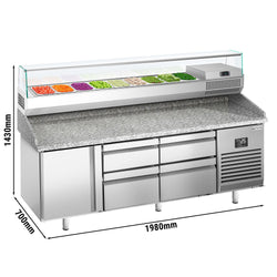Stół chłodniczy do pizzy PREMIUM PLUS - 1980x700mm - z 1 drzwiami i 4 szufladami - włącznie z witryną chłodniczą nadstawną - 9x GN 1/4