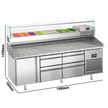 Stół chłodniczy do pizzy PREMIUM PLUS - 1980x700mm - z 1 drzwiami i 4 szufladami - włącznie z witryną chłodniczą nadstawną - 9x GN 1/4 - Prime Gastro