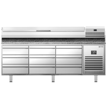 Stół chłodniczy do pizzy PREMIUM PLUS - 1980x700mm - z 6 szufladami - włącznie z witryną chłodniczą nadstawną - 9x GN 1/4 - Prime Gastro