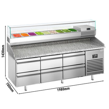 Stół chłodniczy do pizzy PREMIUM PLUS - 1980x700mm - z 6 szufladami - włącznie z witryną chłodniczą nadstawną - 9x GN 1/4 - Prime Gastro