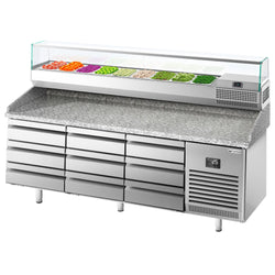 Stół chłodniczy do pizzy PREMIUM PLUS - 1980x700mm - z 9 szufladami - włącznie z witryną chłodniczą nadstawną - 9x GN 1/4