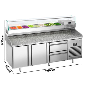 Stół chłodniczy do pizzy PREMIUM PLUS - 1980x700mm - z 2 drzwiami & 2 szufladami - włącznie z witryną chłodniczą nadstawną - 9x GN 1/4 - Prime Gastro