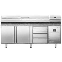 Stół chłodniczy do pizzy PREMIUM PLUS - 1980x700mm - z 2 drzwiami & 3 szufladami - włącznie z witryną chłodniczą nadstawną - 9x GN 1/4