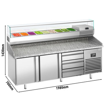 Stół chłodniczy do pizzy PREMIUM PLUS - 1980x700mm - z 2 drzwiami - włącznie z witryną chłodniczą nadstawną - 9x GN 1/4 - Prime Gastro